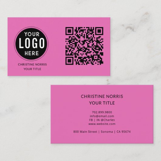 QR-code zakelijk logo | Moderne hete roze Visitekaartje (Voorkant / Achterkant)