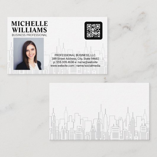 QR-code | Zakelijke persoon | City Skyline Visitekaartje (Voorkant / Achterkant)