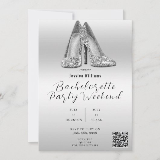 QR CODE Zilveren Glitter Schoenen Bachelorette Kaart (Voorkant)