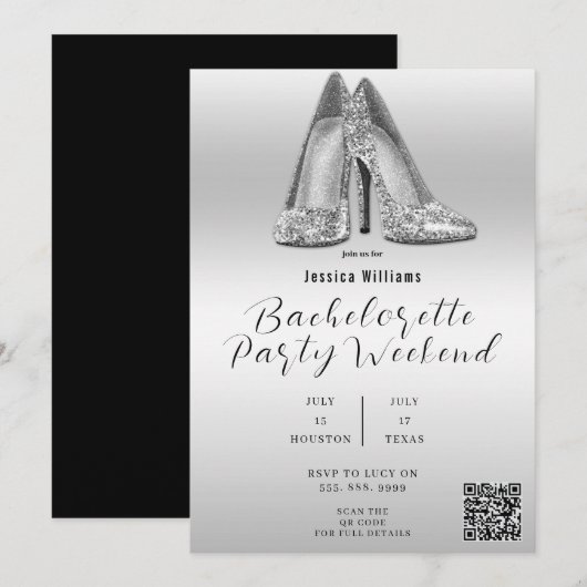 QR CODE Zilveren Glitter Schoenen Bachelorette Kaart (Voorkant / Achterkant)