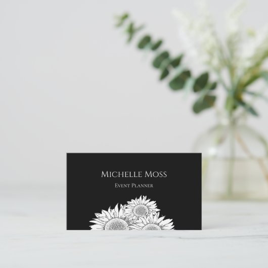 QR code Zonnebloemen Zwart Wit Evenement Planner Visitekaartje (Staand voorkant)
