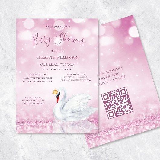 QR-code | Zwaan Prinses Roze | Meisje Baby shower Kaart