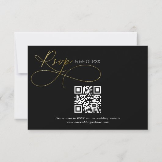 QR Code Zwart en Goud Script Kalligrafie Bruiloft RSVP Kaartje (Voorkant)