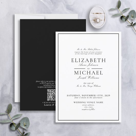 QR-code zwart en wit, klassiek script bruiloft Kaart