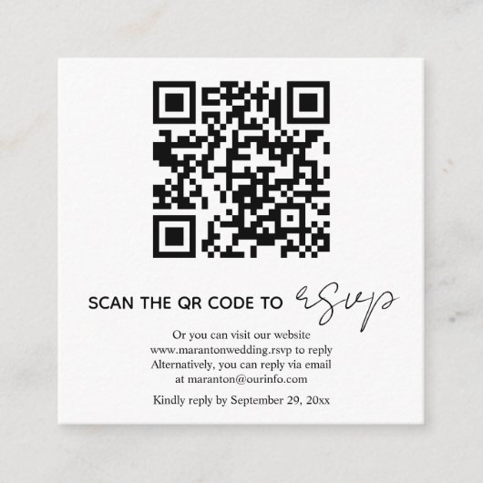 QR code zwart en witte kalligrafie RSVP foto Informatiekaartje (Voorkant)