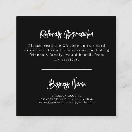 QR Code zwart en Witte Moderne Referral-Kaart Aanbevelingskaartje (Voorkant)
