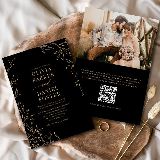 QR Code Zwart Goud Foto Elegant Huwelijk Kaart