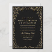 QR Code Zwart Goud Foto Minimalistische bruiloft Kaart (Voorkant)