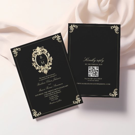 QR Code Zwart Gouden Barok Monogram Bruiloft Kaart