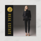 QR-code zwart/goudfoto Real Estate Agent Vierkante Visitekaartje (Voorkant)