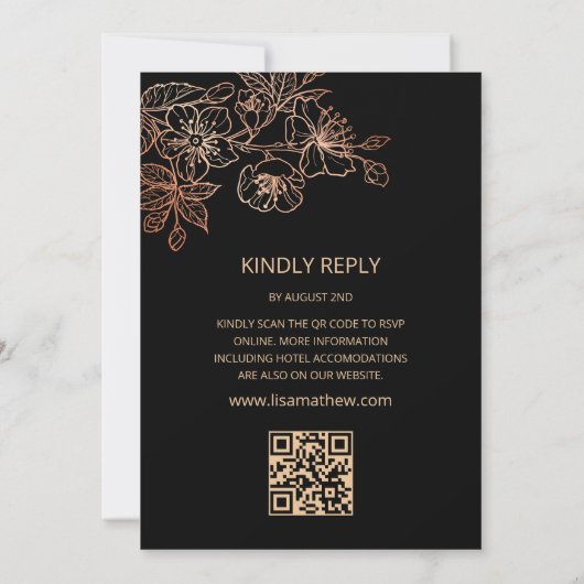 QR-code | Zwart Koper Bloemmotief | Goth Huwelijk Kaart (Achterkant)