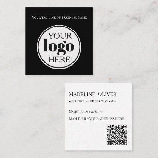 QR Code Zwart Logo Eenvoudig Wit Vierkante Visitekaartje (Voorkant / Achterkant)