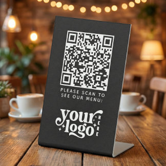 QR Code Zwart Menu Contactloze Moderne Kafel Reclamebord Met Voetstuk