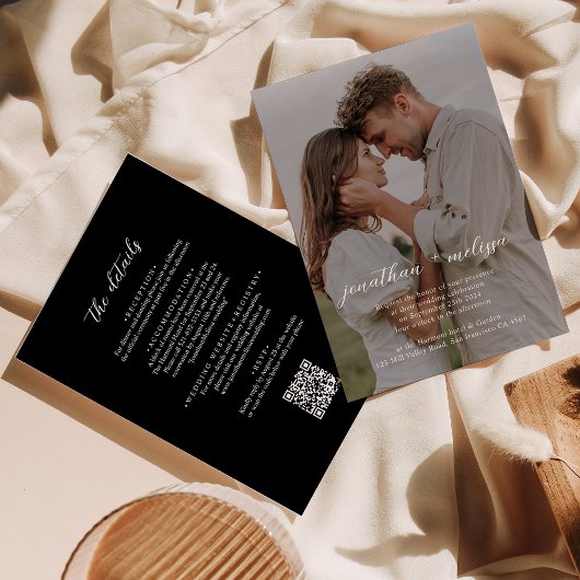 QR code Zwart Modern Elegant Fotoscript Bruiloft Kaart