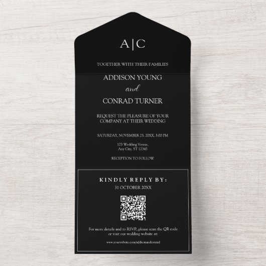 QR Code Zwart Monogram Trouwen All In One Uitnodiging (Binnen)