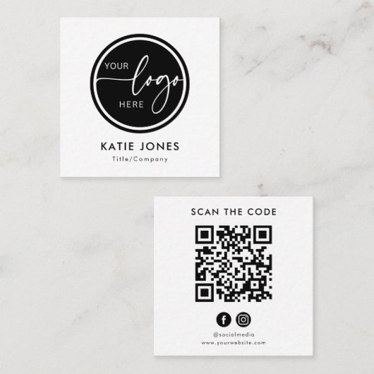 QR-code Zwart Wit Aangepaste Logo Scan de Code Vierkante Visitekaartje (Voorkant / Achterkant)