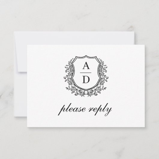 QR Code Zwart Wit Crest Monogram Huwelijk RSVP Kaartje (Voorkant)