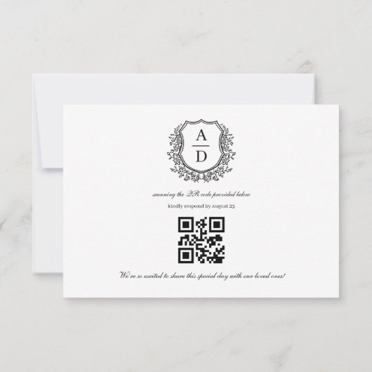 QR Code Zwart Wit Crest Monogram Huwelijk RSVP Kaartje (Achterkant)