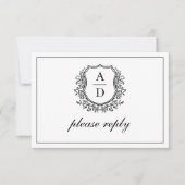 QR Code Zwart Wit Crest Monogram Huwelijk RSVP Kaartje (Voorkant)