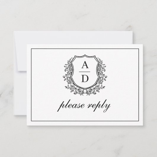 QR Code Zwart Wit Crest Monogram Huwelijk RSVP Kaartje (Voorkant)
