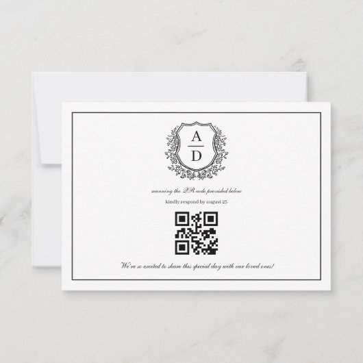 QR Code Zwart Wit Crest Monogram Huwelijk RSVP Kaartje (Achterkant)