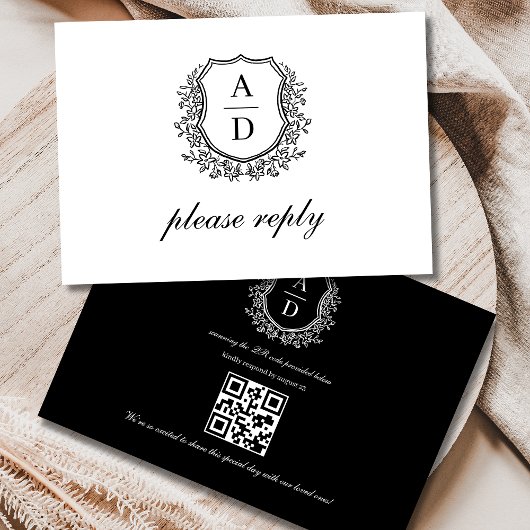 QR Code Zwart Wit Crest Monogram Huwelijk RSVP Kaartje