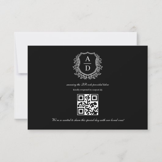 QR Code Zwart Wit Crest Monogram Huwelijk RSVP Kaartje (Achterkant)