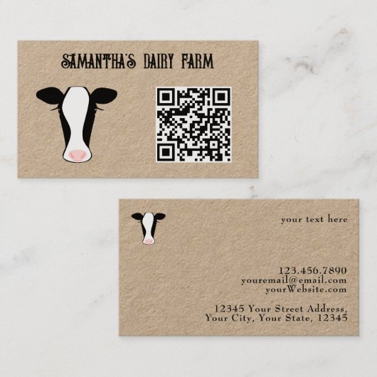 QR Code Zwart Wit Koe Boerderij Groen Kraft Visitekaartje (Voorkant / Achterkant)