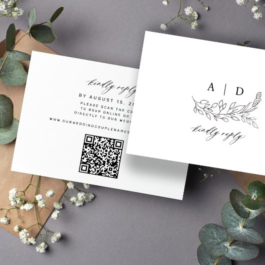 QR-code zwart-wit monogram bruiloft  RSVP Kaartje