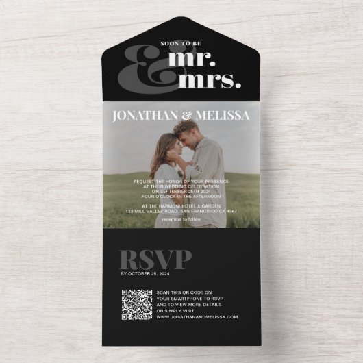 QR-code | Zwart-wit overlay fotohuwelijk All In One Uitnodiging (Binnen)