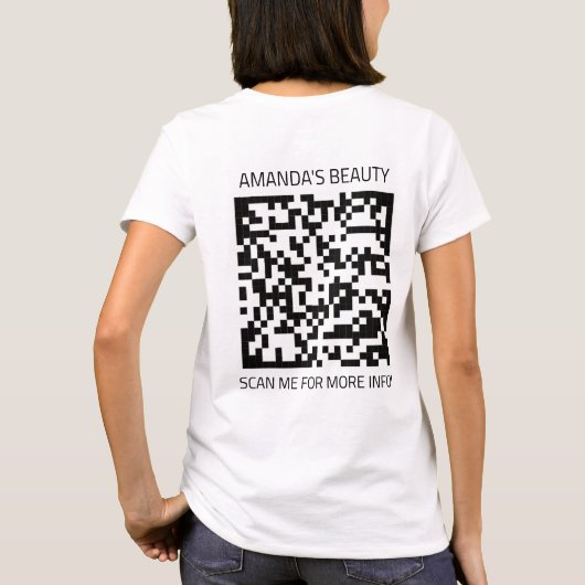 QR-code zwart, wit, promotioneel klein, vooraan, T T-shirt (Achterkant)