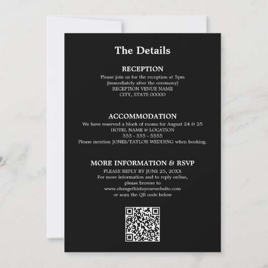QR Code Zwart Wit Script RSVP bruiloft uitnodiging (Achterkant)