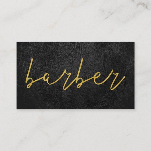 QR CODE zwarte lederen barber goudtypografie Visitekaartje (Voorkant)