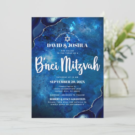 QR-codebalk Mitswa Navy Blue Agate Galaxy Script Kaart (Staand voorkant)