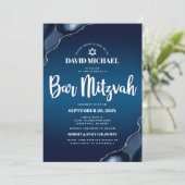 QR-codebalk Mitswa Navy Blue Ombre Agate Script Kaart (Staand voorkant)