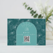 QR-codeboog Blauwgroen tropische palmbruiloft RSVP (Staand voorkant)