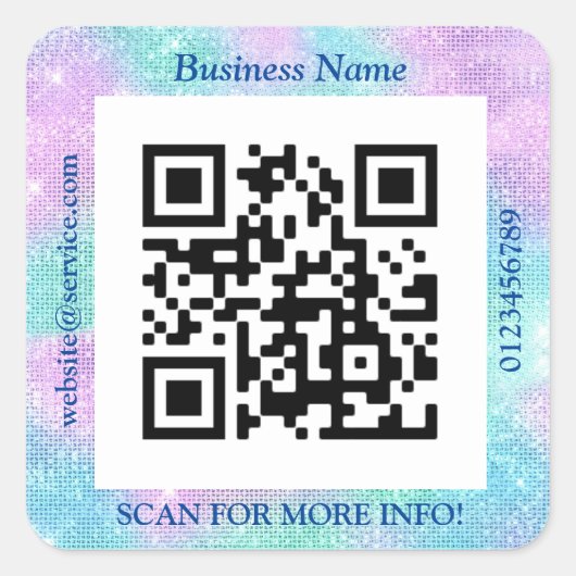 QR-codebus. Naam Website Promo Blue & Paars Glam Vierkante Sticker (Voorkant)