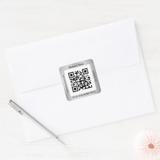 QR-codebus. Naam Website Promo, geborsteld zilver Vierkante Sticker (Envelop)
