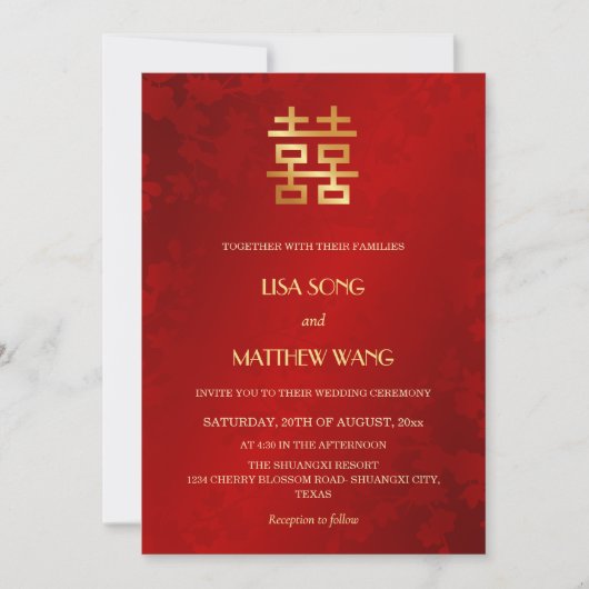 QR-codefoto | Rood Gouden Chinese Bruiloft Kaart (Voorkant)