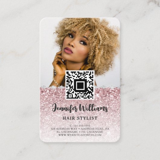 QR-codefoto | Roos Gold Glitter Diamond Loyalty Visitekaartje (Voorkant)