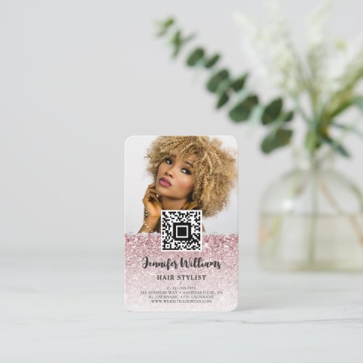 QR-codefoto | Roos Gold Glitter Diamond Loyalty Visitekaartje (Staand voorkant)