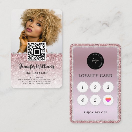 QR-codefoto | Roos Gold Glitter Diamond Loyalty Visitekaartje (Voorkant / Achterkant)