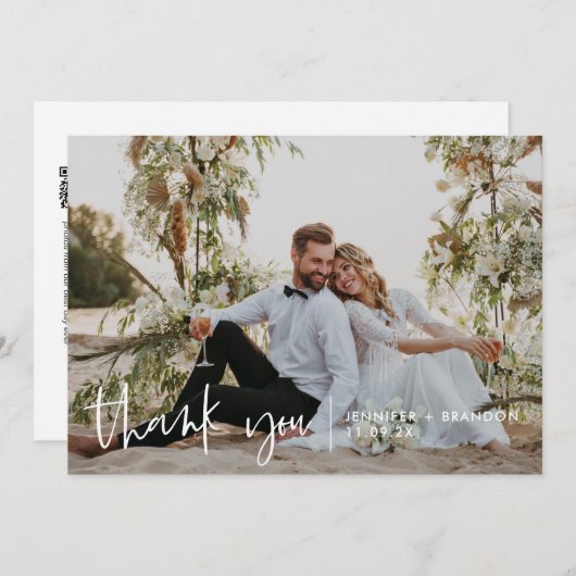 QR codeManuscript Moderne Weddenschap Foto Dank u Bedankkaart (Voorkant / Achterkant)