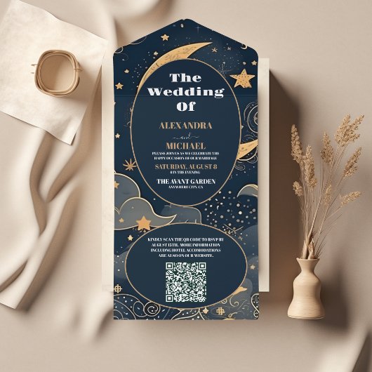 QR CodeMidnight Blue Goud Hemelse Bruiloft All In One Uitnodiging