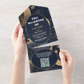 QR CodeMidnight Blue Goud Hemelse Bruiloft All In One Uitnodiging (Afscheurbaar)
