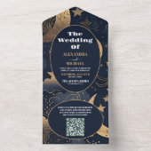 QR CodeMidnight Blue Goud Hemelse Bruiloft All In One Uitnodiging (Binnen)