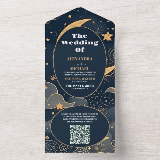 QR CodeMidnight Blue Goud Hemelse Bruiloft All In One Uitnodiging (Binnen)