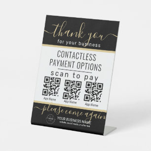QR Codes Upload & Logo 3 Betalen Apps goud & zwart Reclamebord Met Voetstuk
