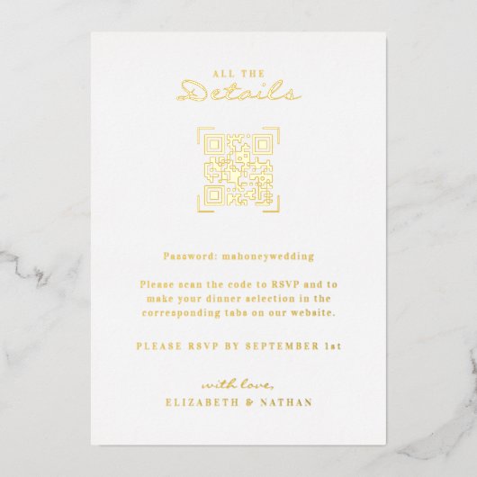 QR-codescan | Weddenschap met details Folie Uitnodiging (Voorkant)
