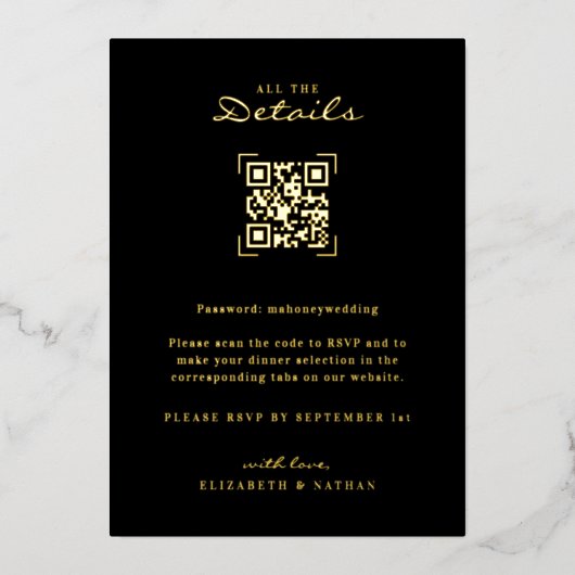 QR-codescan | Weddenschap met details Folie Uitnodiging (Voorkant)